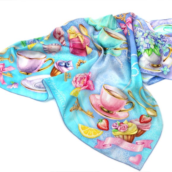 100% silk square scarf turquoise lilac floral wrap "Believe" Victorian tea party - Picture 7 of 8